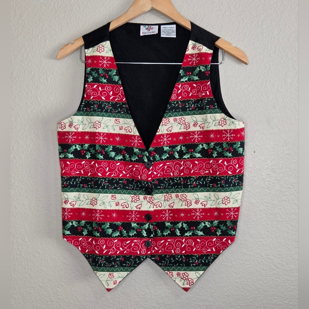Vintage Nutcracker Festive Mistletoe And Holly Berries Striped Christmas Vest - Picture 9 of 9